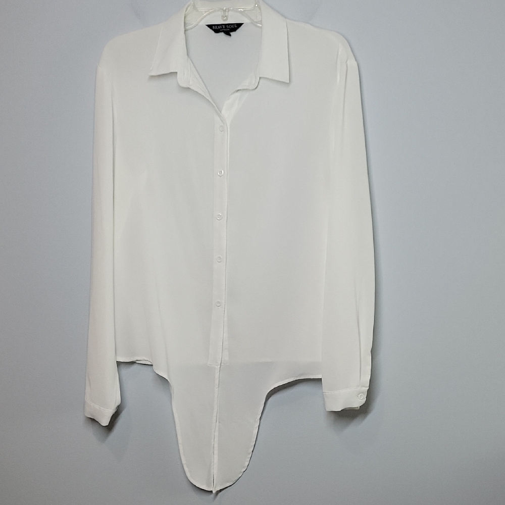 Brave Soul London white crepe tie front button down shirt womens size Medium